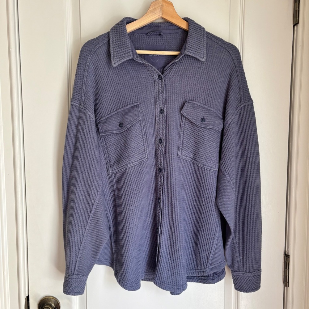 Aerie Lumberjane Waffle Shirt Thermal Button Down Shacket Blue Small Loungewear